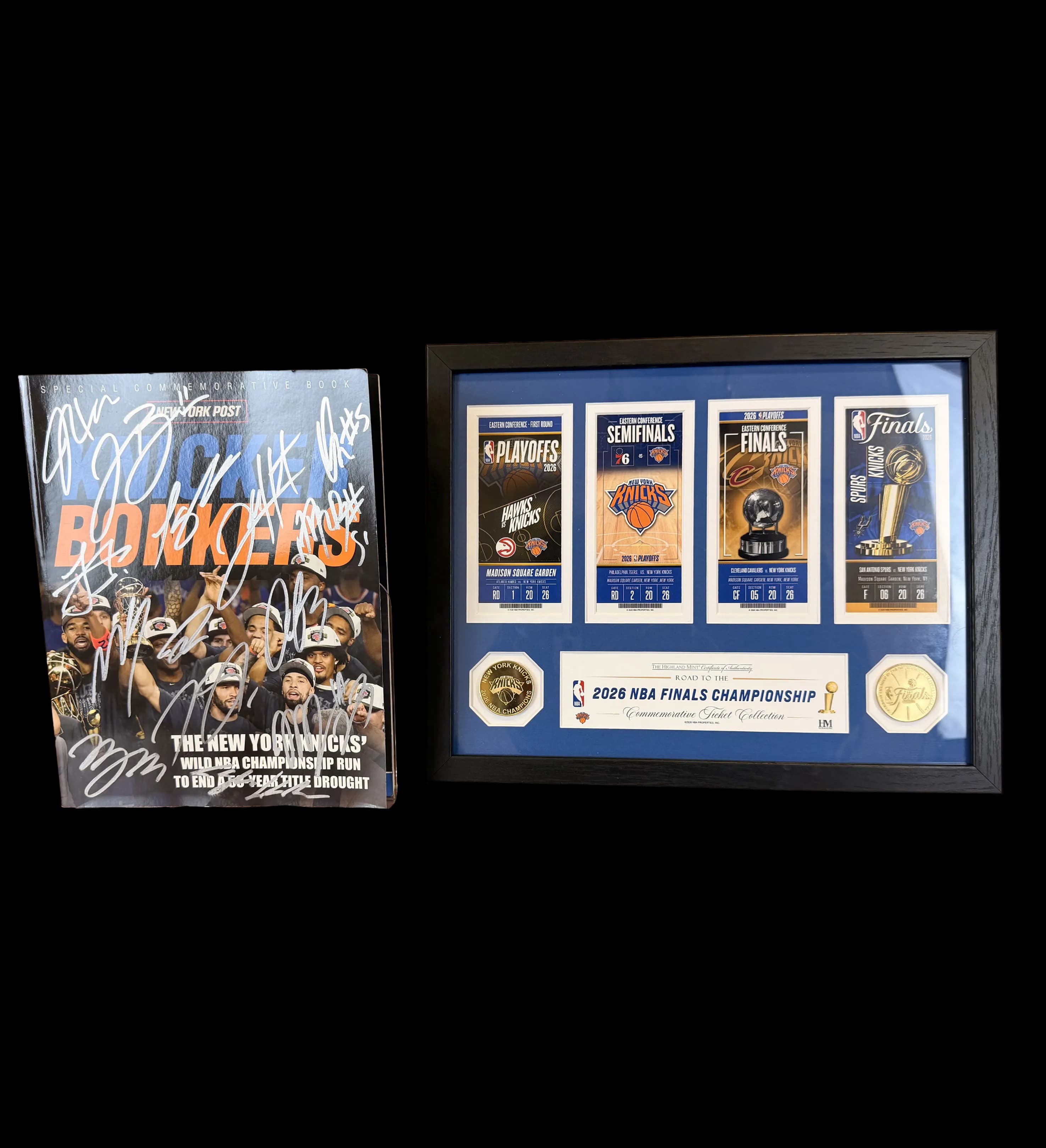 announcements/1a6a7563-846d-4d5d-ae2b-bf45db985eb9/1785425214905-quadro-30x38-new-york-knicks-ingressos-finais-livro-autografado-jalen-brunson-1.webp