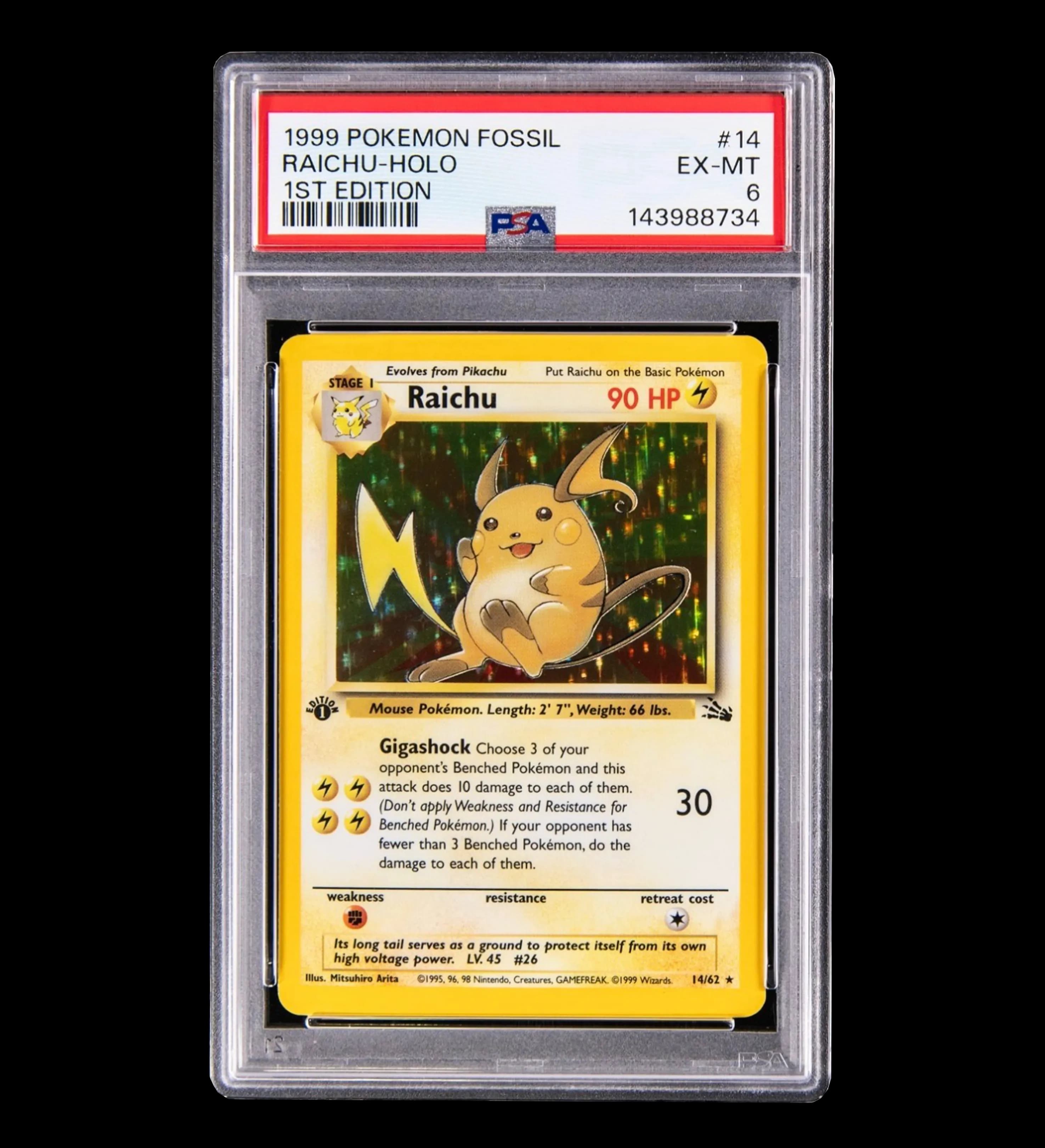 announcements/43224eb2-2ba5-4235-a8aa-3e29b9717f7f/1785120626883-Card-Pokémon---Raichu-Holo---Fossil-1st-Edition-1999---Graded-PSA-6.webp